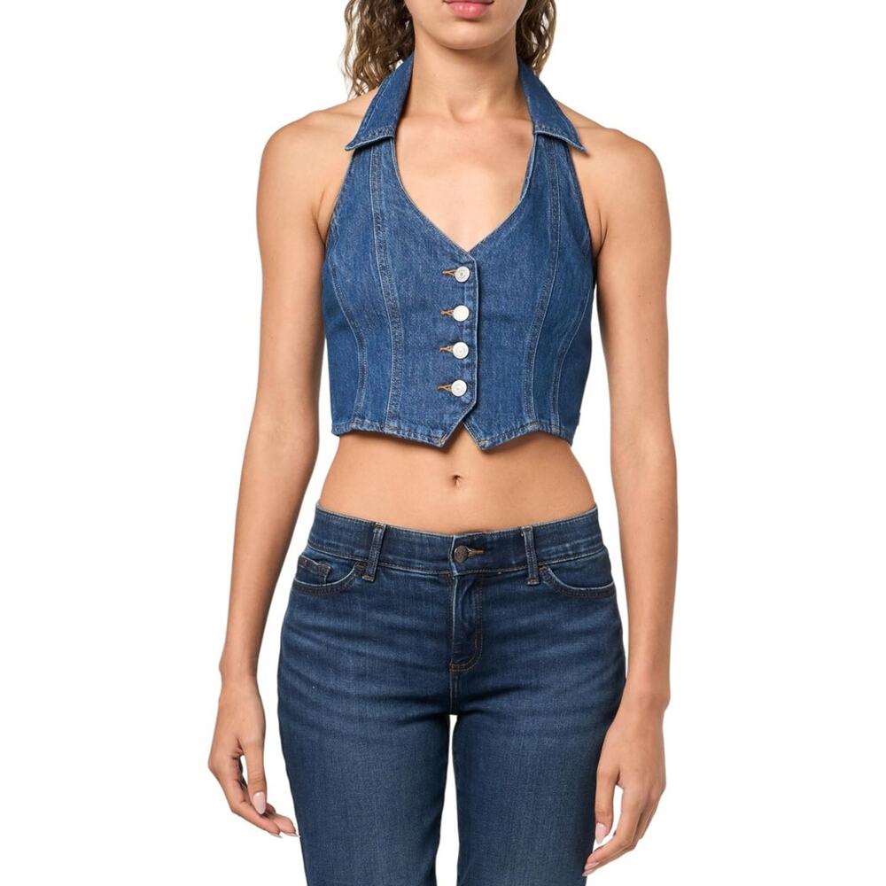 New Levi's Bria Denim Corset Crop Collared Halter Top Size XS